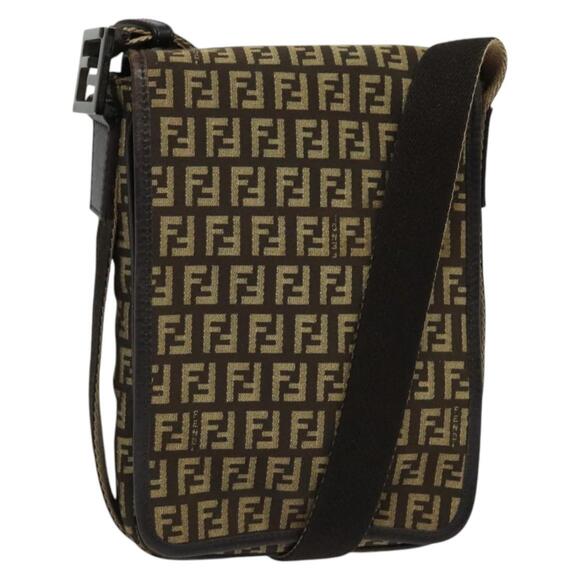 FENDI Zucchino Canvas Shoulder Bag Brown Silver - Picture 1 of 12